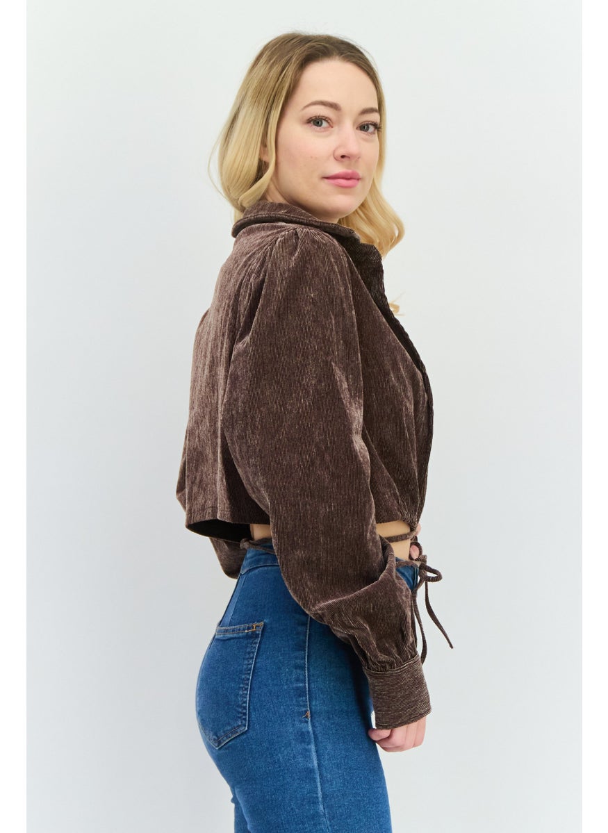 Women Spread Neck Long Sleeves Textured Blouse, Dark Brown