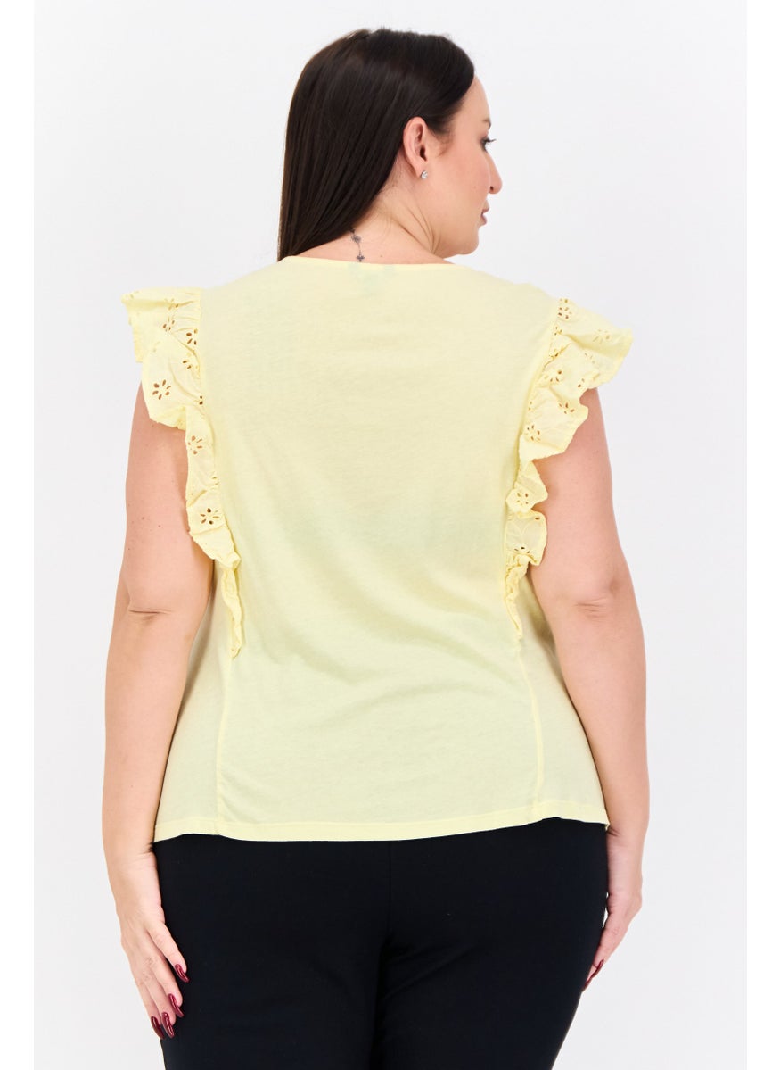 Women Round Neck Ruffle Sleeves Embroidered Blouse, Yellow