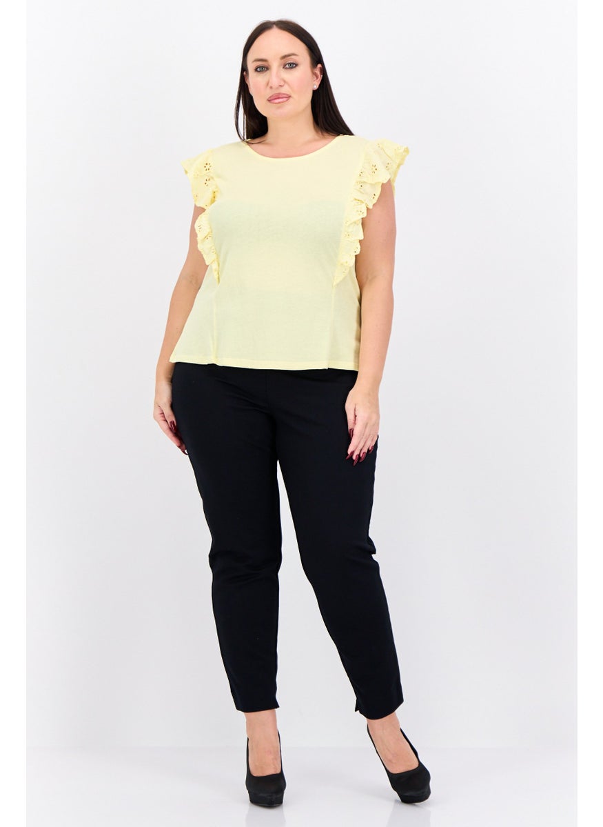 Women Round Neck Ruffle Sleeves Embroidered Blouse, Yellow