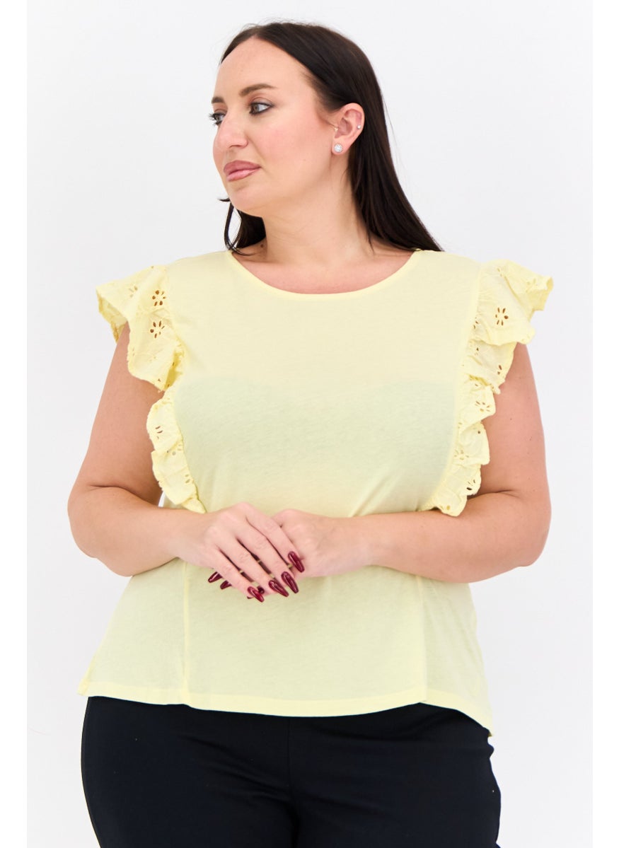 Women Round Neck Ruffle Sleeves Embroidered Blouse, Yellow