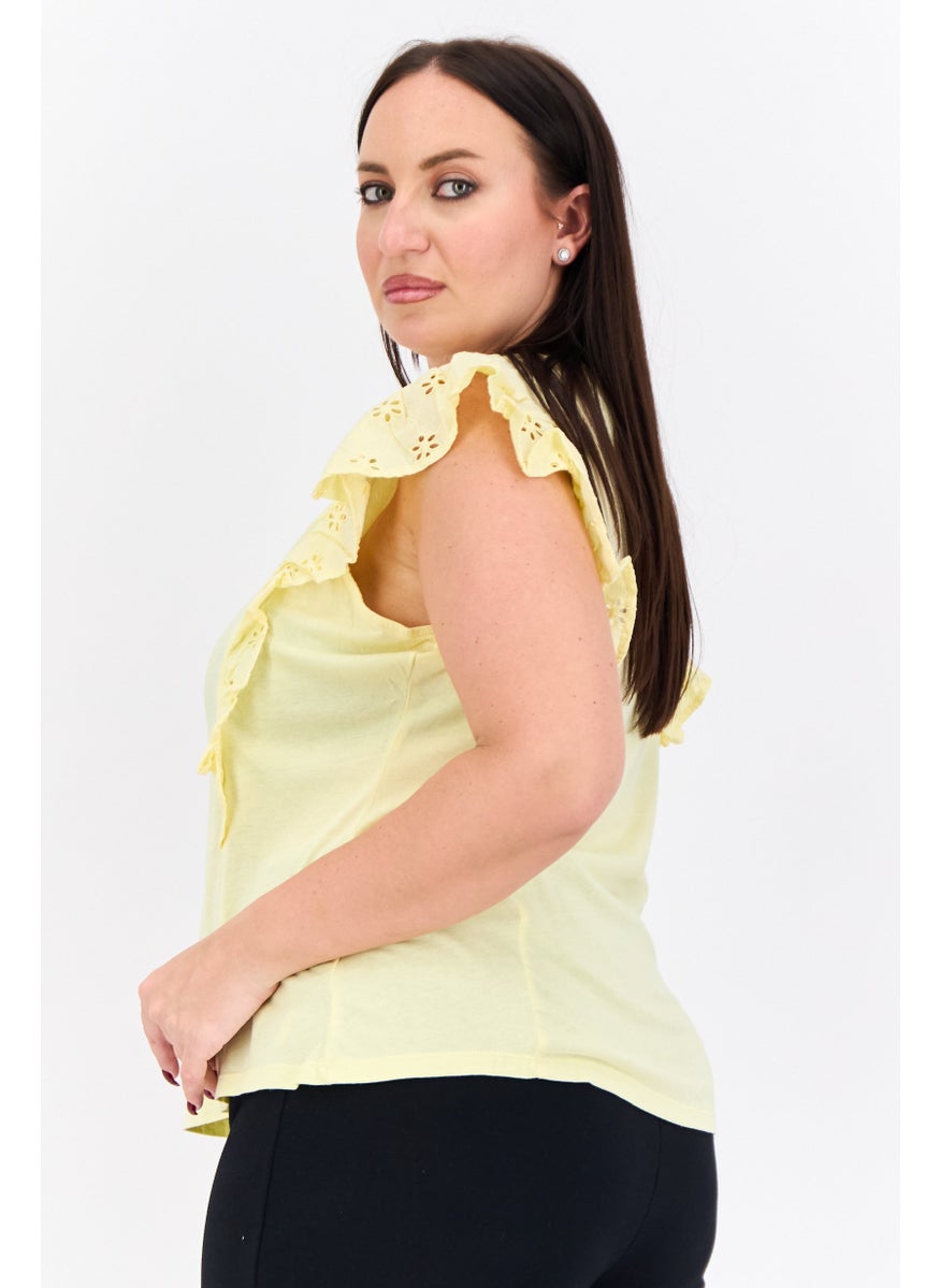 Women Round Neck Ruffle Sleeves Embroidered Blouse, Yellow