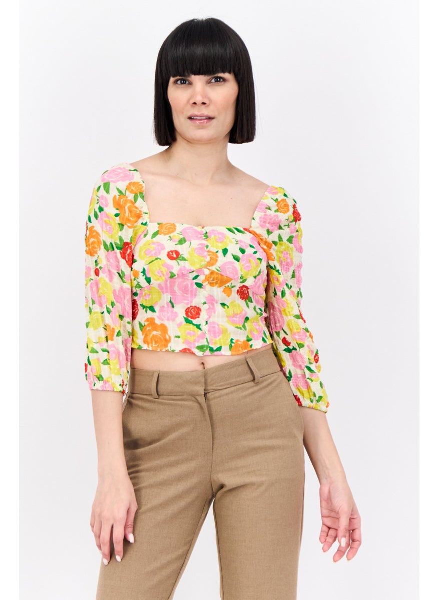 Women Square Neck Long Sleeves Floral Print Blouse, Floral