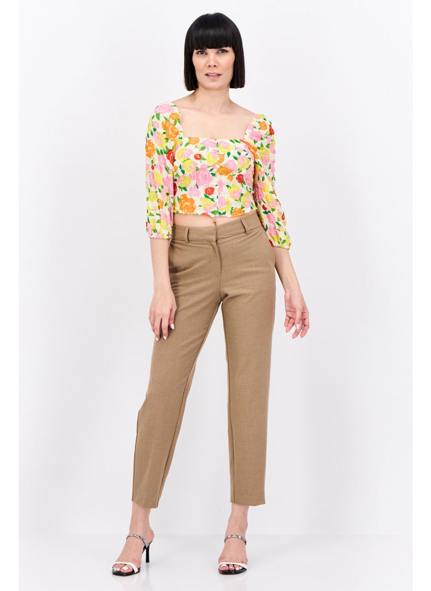 Women Square Neck Long Sleeves Floral Print Blouse, Floral