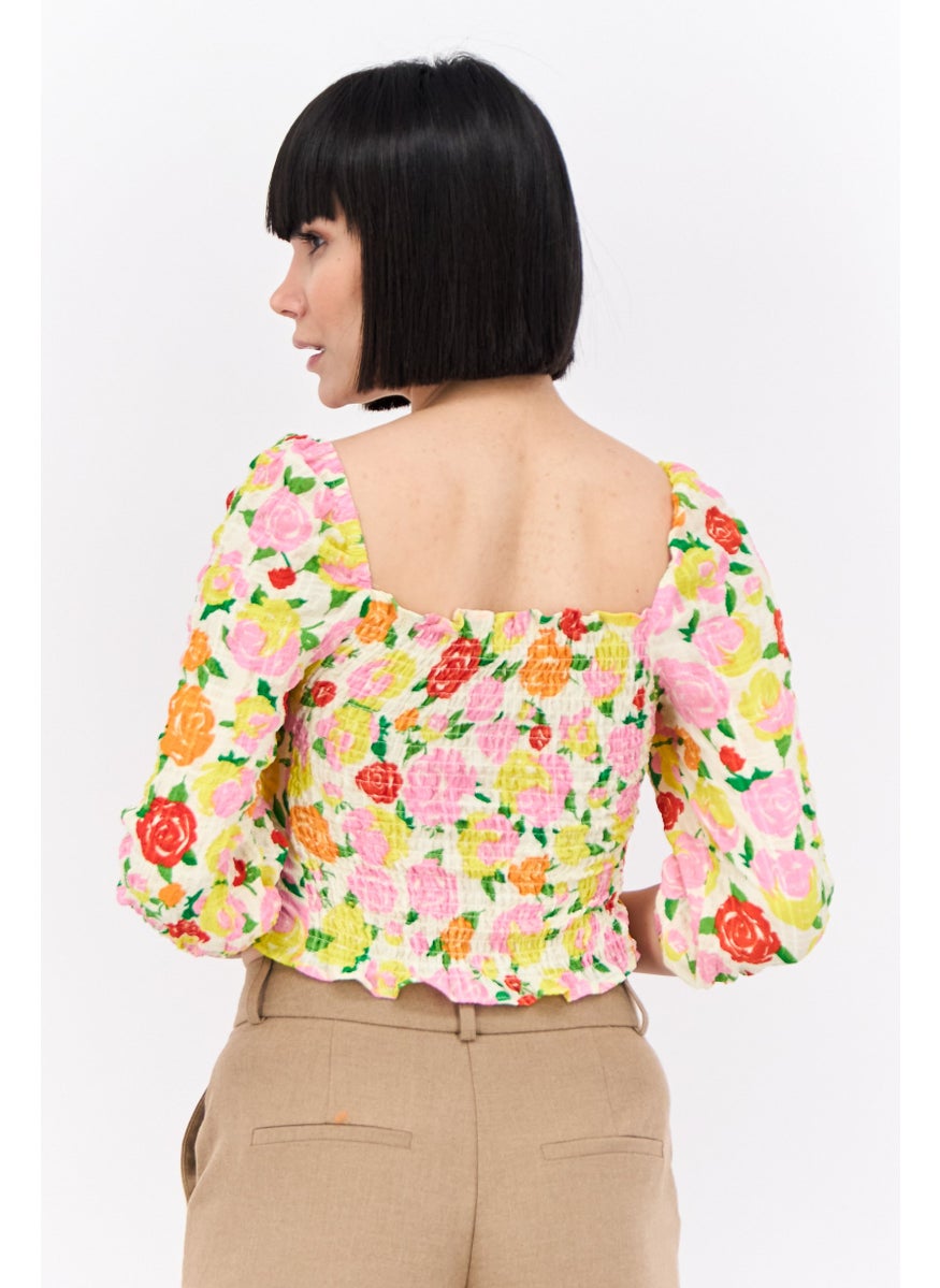 Women Square Neck Long Sleeves Floral Print Blouse, Floral