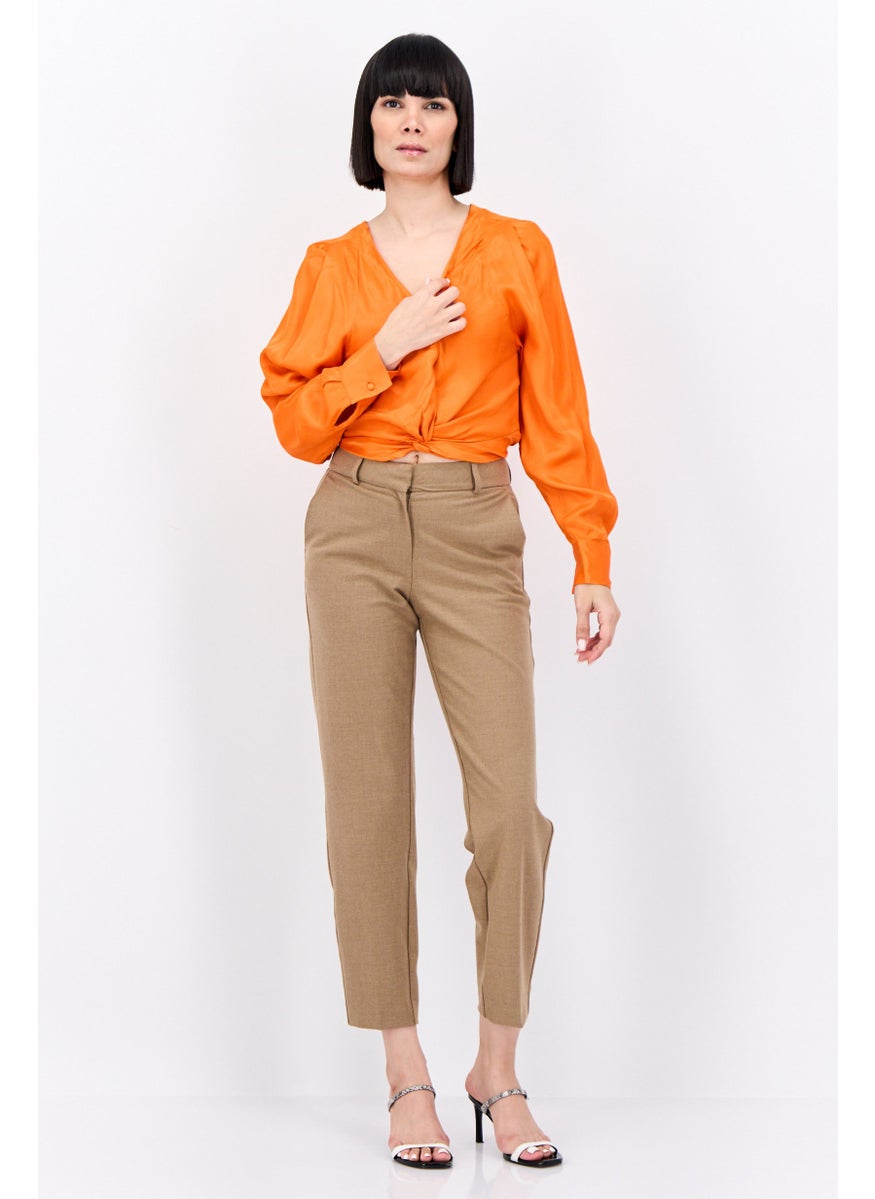 Women V-Neck Long Sleeves Plain Blouse, Orange