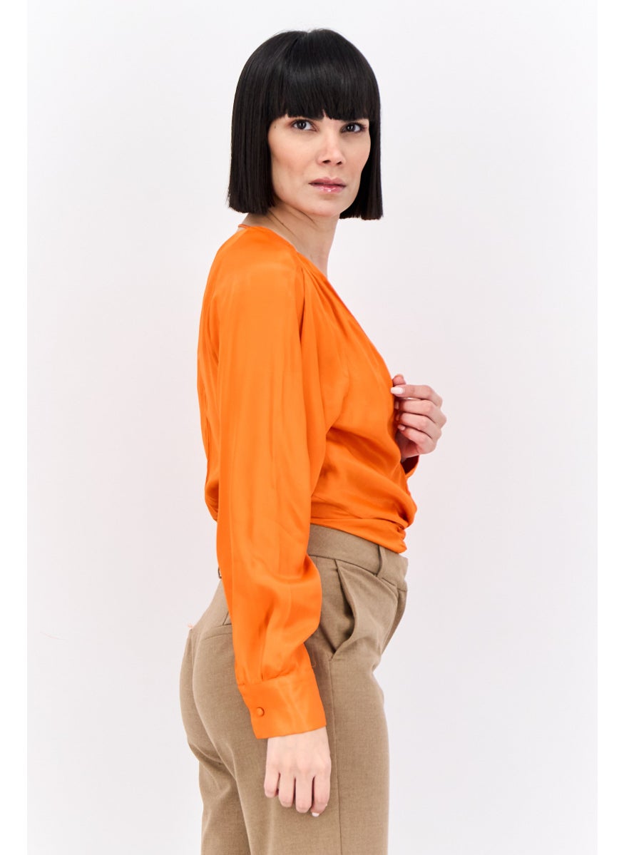 Women V-Neck Long Sleeves Plain Blouse, Orange
