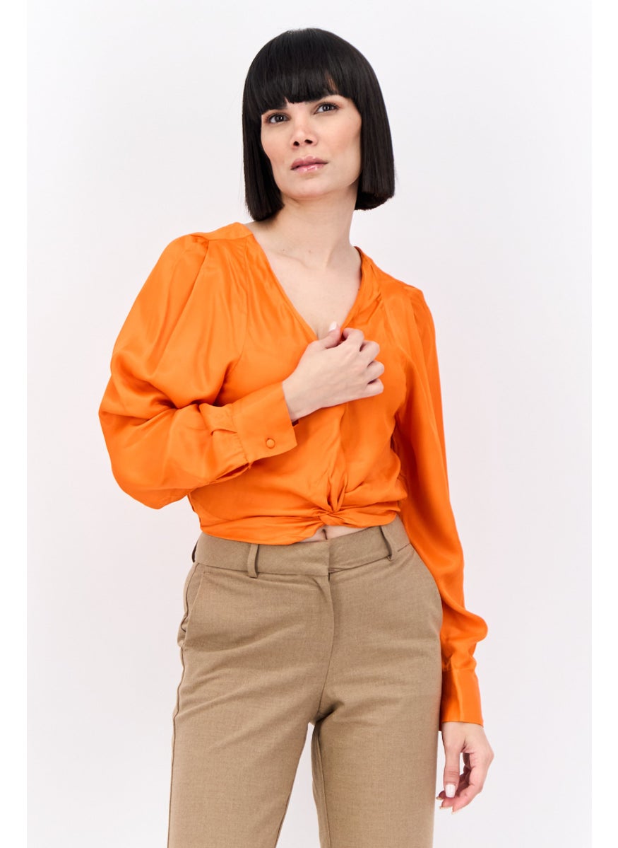 Women V-Neck Long Sleeves Plain Blouse, Orange
