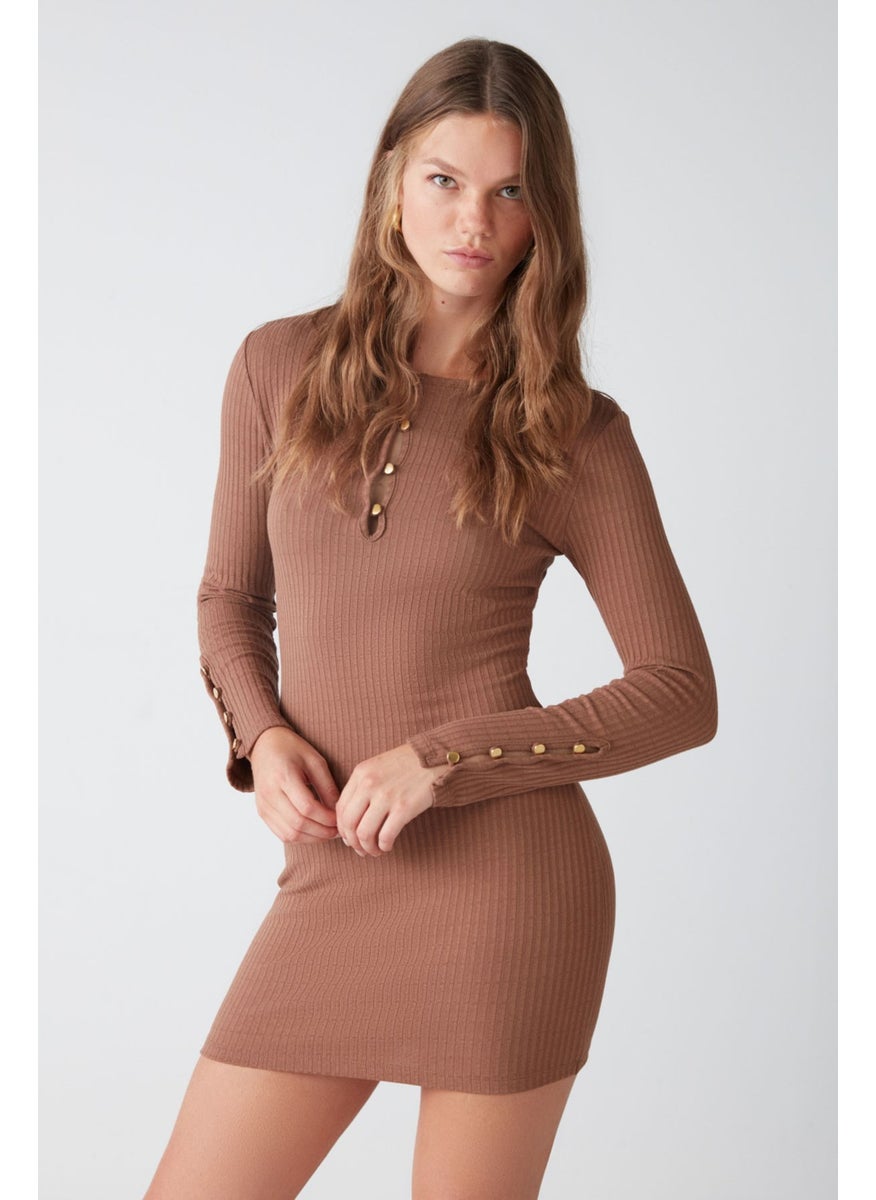 Cutie Women's Ribbed Flexible Fabric Bodycon Fit Metal Button Mini Brown Dress