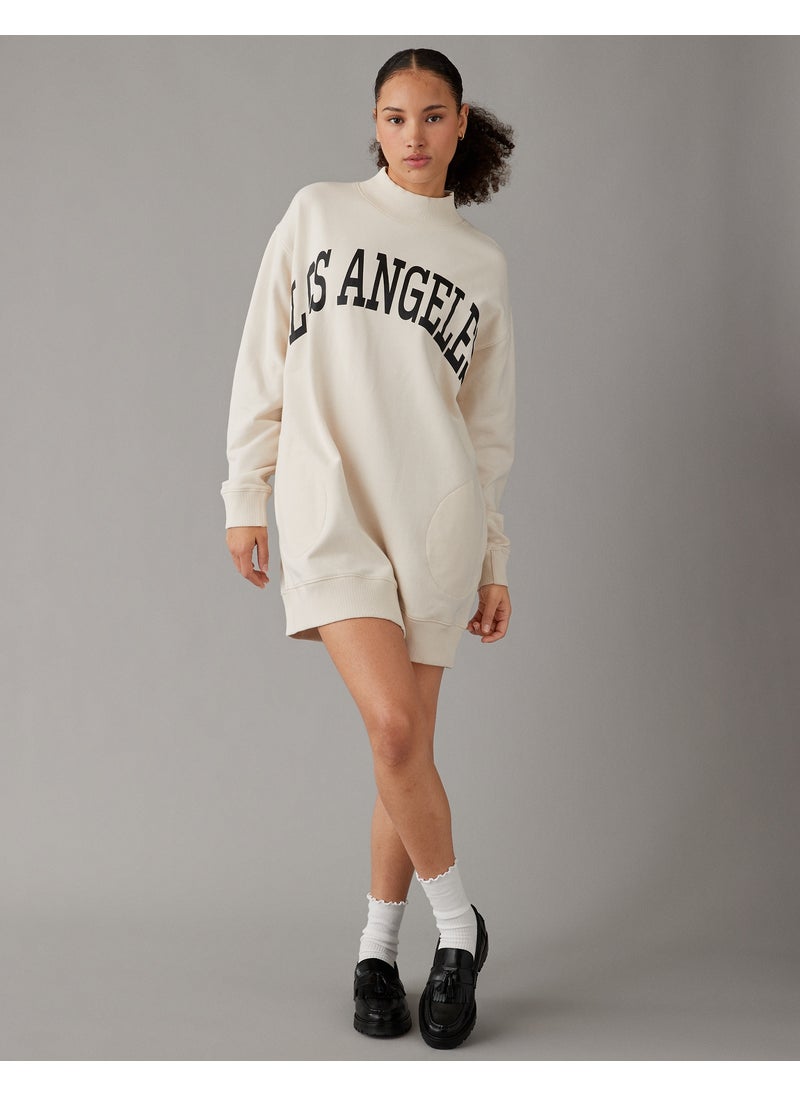 Oversized Fleece Mock Neck City Graphic Mini Dress