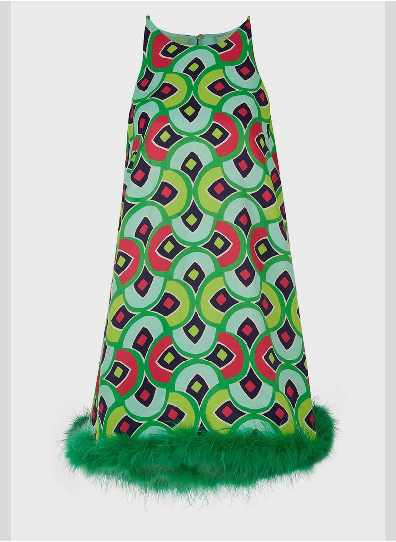 Printed Feathered Mini Dress
