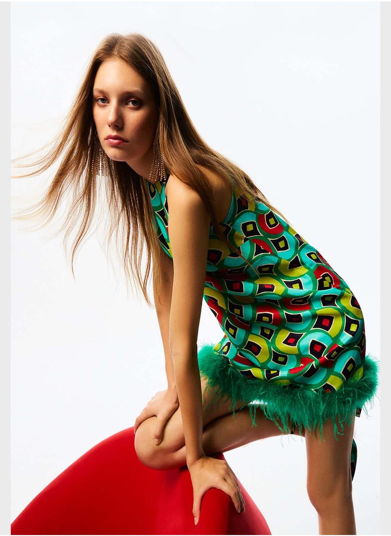 Printed Feathered Mini Dress