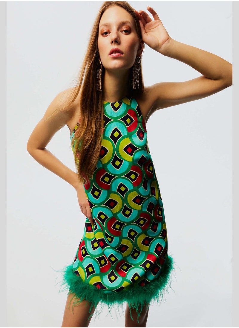 Printed Feathered Mini Dress