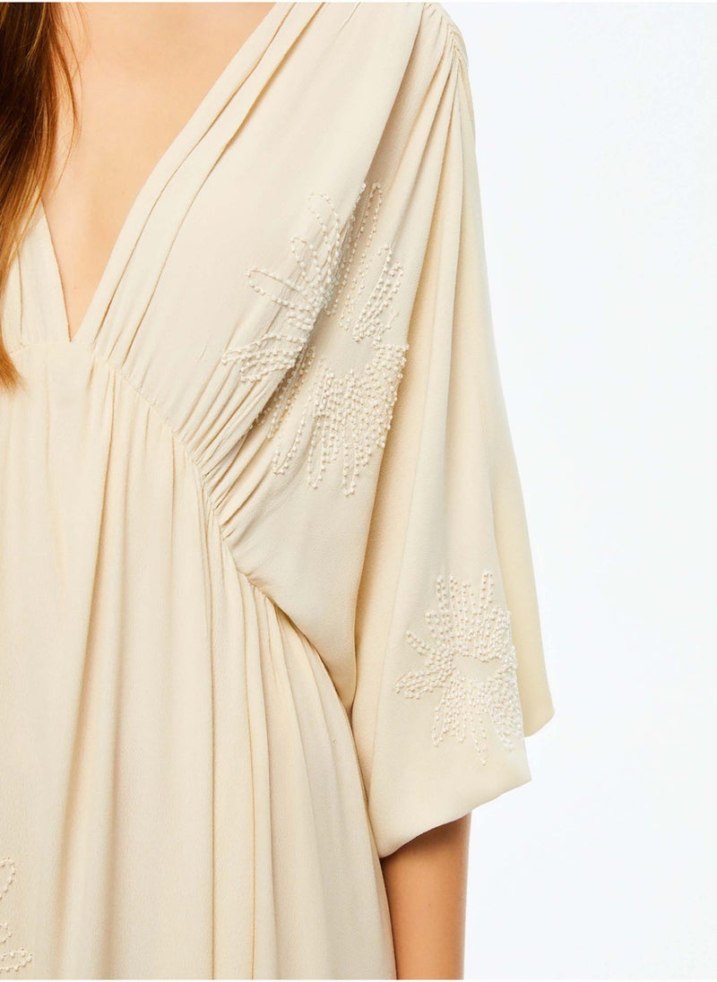 Embroidered Cream Midi Dress