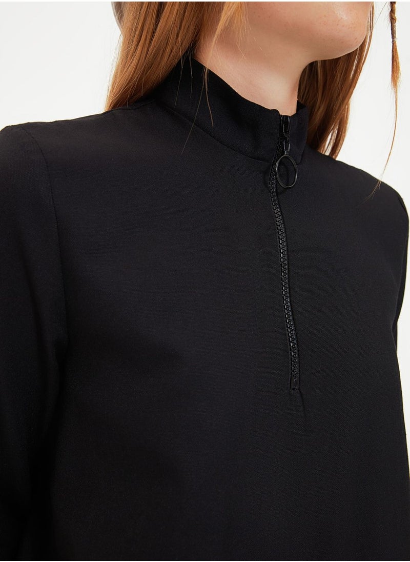 Zip Detail Shirred Dress