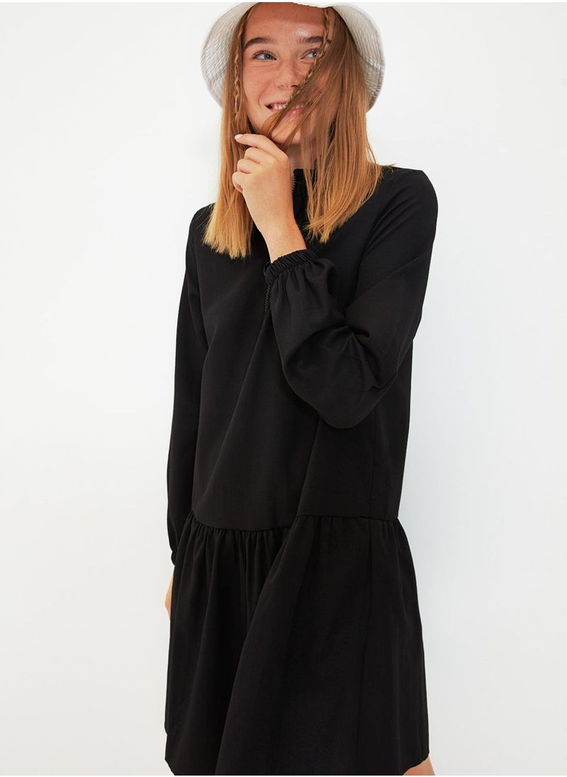 Zip Detail Shirred Dress