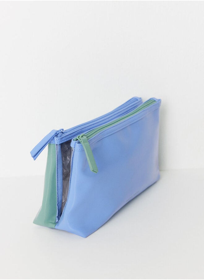 Medium blue and green patent leather toiletry bag