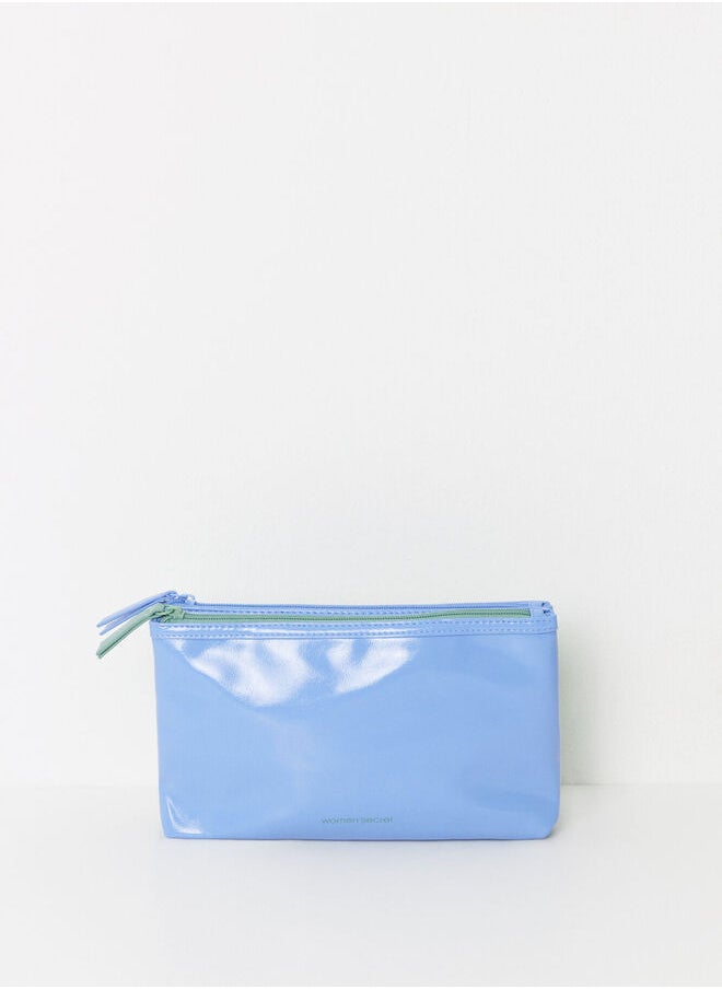 Medium blue and green patent leather toiletry bag