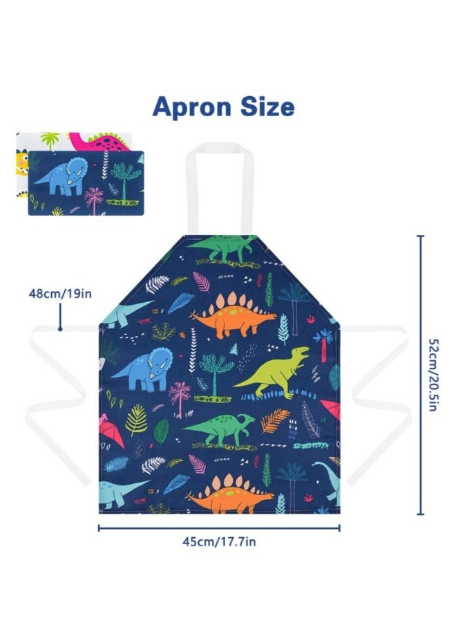 Kids Aprons, 2 Pcs Cartoon Style Adjustable Child Chef Aprons, Dinosaur Print Children's Apron for Kids Toddler Painting Baking Artist