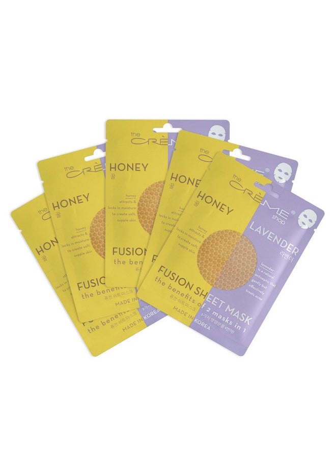 Sheet Mask, Korean Sheet Mask, Lavender Sheet Mask, 2-In-1 Sheet Mask Pack, Honey Face Mask Sheet With Hyaluronic Acid, Facial Mask Sheets - 5 Pack (Lavender & Honey)