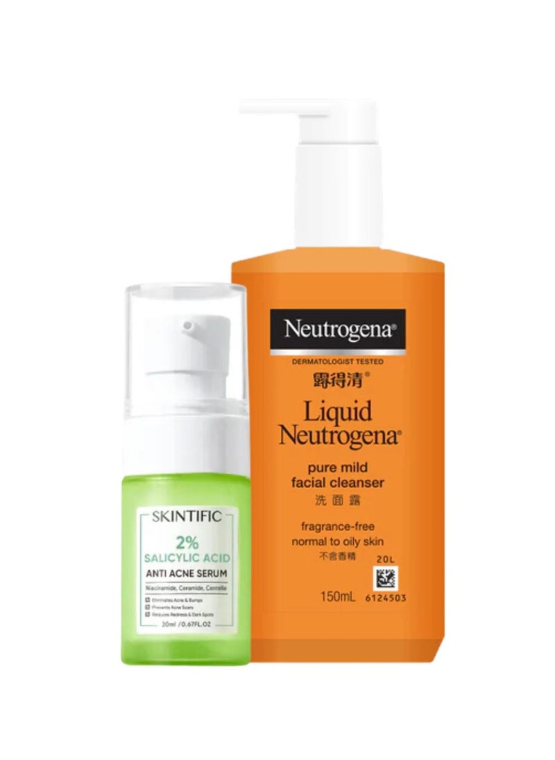 Neutrogena Liquid Facial Cleanser (150ml) and Skintific 2% Salicylic Acid Anti Acne Serum (20ml) - Effective Skin Treatment