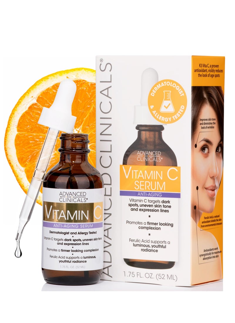 Advanced Clinicals Vitamin C Serum – Anti-Aging Brightening Formula for Dark Spots, Uneven Skin Tone & Wrinkles