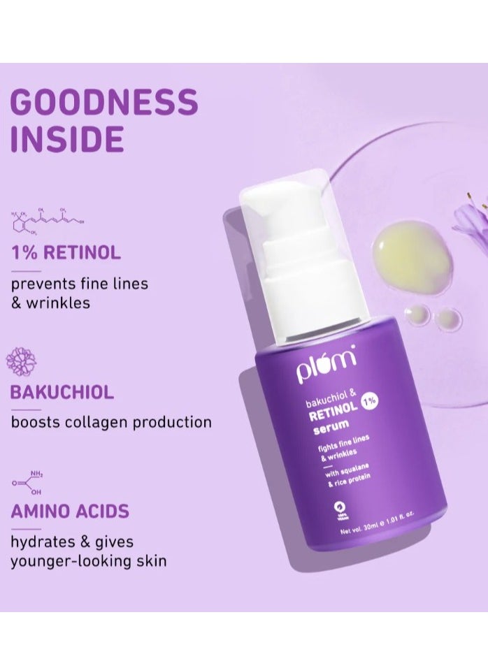 Plum 1% Retinol Anti-Aging Night Face Serum With Bakuchiol Boosts Collagen, Reduces Fine Lines & Wrinkles for Women & Men Beginner-friendly Suits all skin types 30 ml