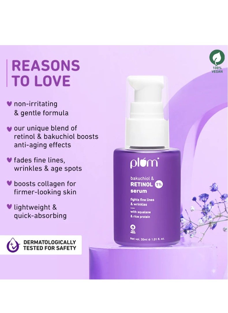 Plum 1% Retinol Anti-Aging Night Face Serum With Bakuchiol Boosts Collagen, Reduces Fine Lines & Wrinkles for Women & Men Beginner-friendly Suits all skin types 30 ml