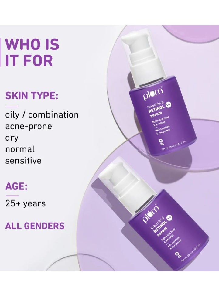 Plum 1% Retinol Anti-Aging Night Face Serum With Bakuchiol Boosts Collagen, Reduces Fine Lines & Wrinkles for Women & Men Beginner-friendly Suits all skin types 30 ml