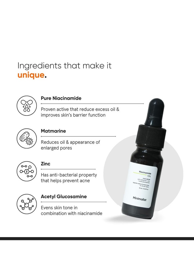 Minimalist Oil Control & Anti-Acne 10% Niacinamide Face Serum with Zinc | Skin Clarifying,Blemishes Removing & Pore Care for All Skin Types | 10 ml (Pack of 1)