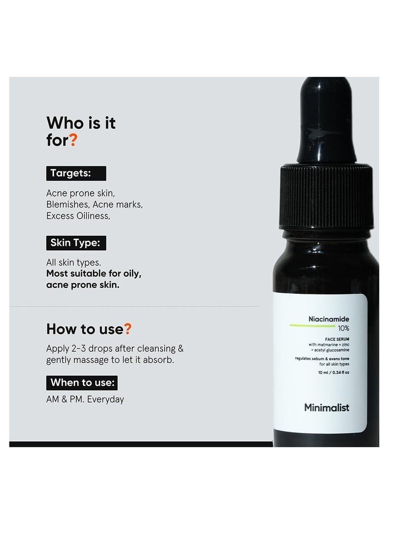 Minimalist Oil Control & Anti-Acne 10% Niacinamide Face Serum with Zinc | Skin Clarifying,Blemishes Removing & Pore Care for All Skin Types | 10 ml (Pack of 1)