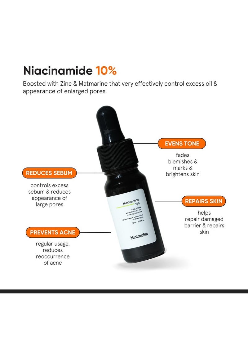 Minimalist Oil Control & Anti-Acne 10% Niacinamide Face Serum with Zinc | Skin Clarifying,Blemishes Removing & Pore Care for All Skin Types | 10 ml (Pack of 1)