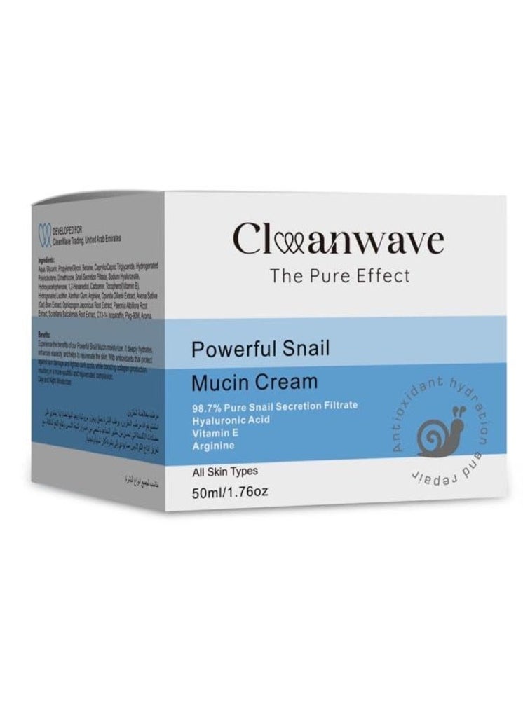 CleanWave, Powerful 98.7% Snail Mucin Cream, Day and Night Moisturizer for Face, with Snail Mucin, 5000PPM Hyaluronic Acid, 3000PPM Vitamin E and ARGININE, For Dry And Sensitive Skin,All Skin Types