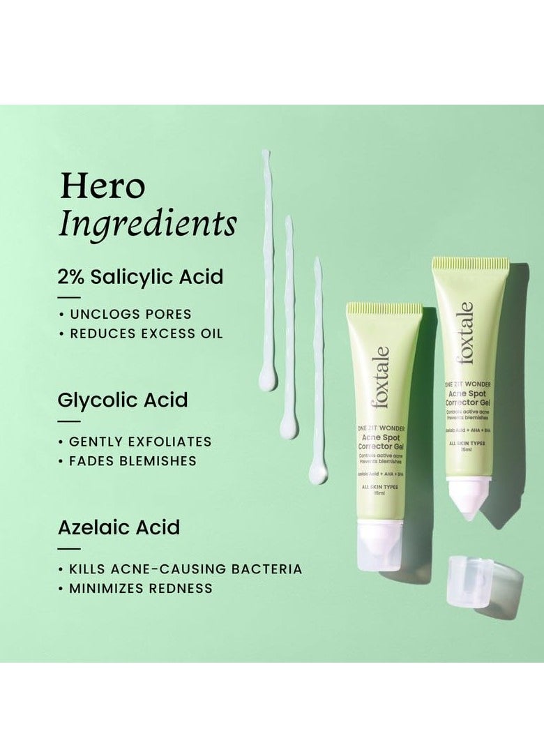 Foxtale Acne Gel| Reduces Pimples Overnight and Prevents Acne Scars| Spot Corrector for Oily, Acne Prone Skin| 2% Azelaic Acid,2% Salicylic Acid, 3% Glycolic Acid, Niacinamide| Men&Women-15ml
