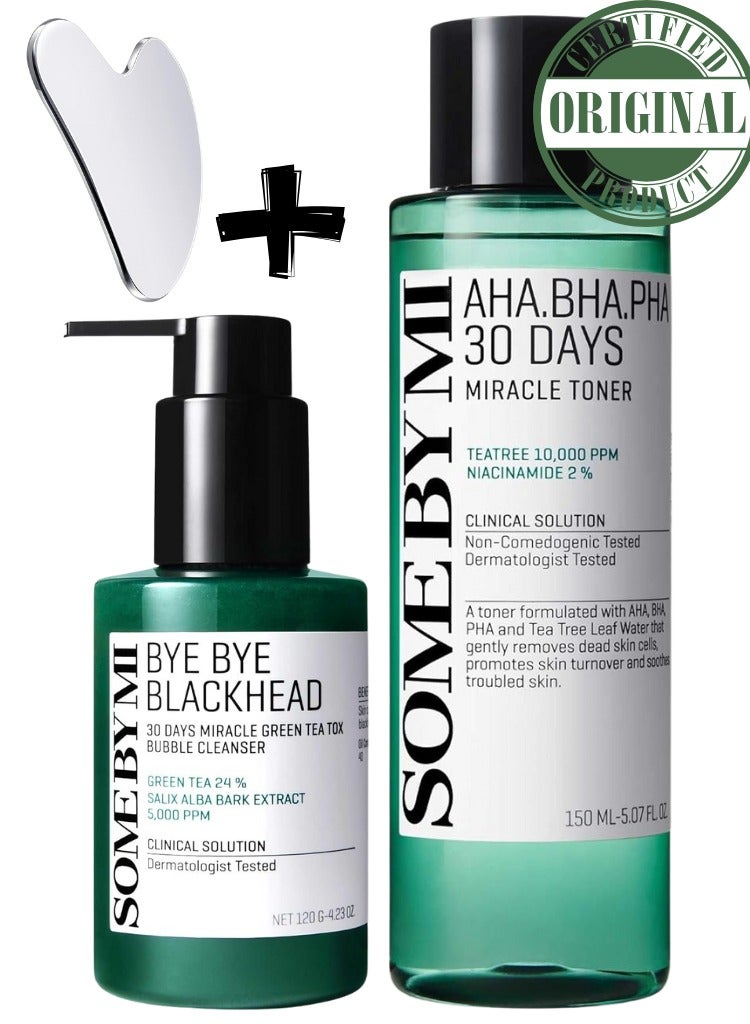 SOME BY MI 30 Days Miracle Bundle - AHA BHA PHA Toner, Bye Bye Blackhead Green Tea Bubble Cleanser & Face Massager - Korean Skincare for Blackhead Removal, Pore Minimizing, and Smooth Skin 270ml