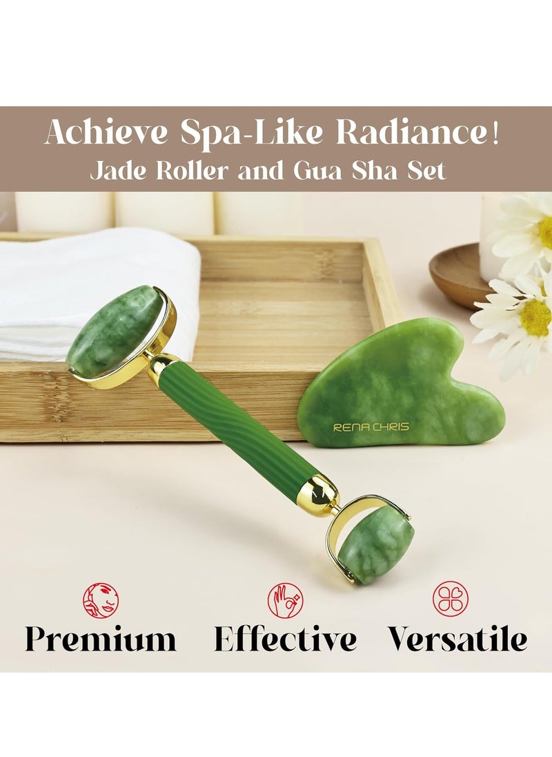 Rena Chris Face Roller & Gua Sha Set, Natural Jade Massage Tools for Jawline Sculpting and Puffiness Reducing, Beauty & Skincare