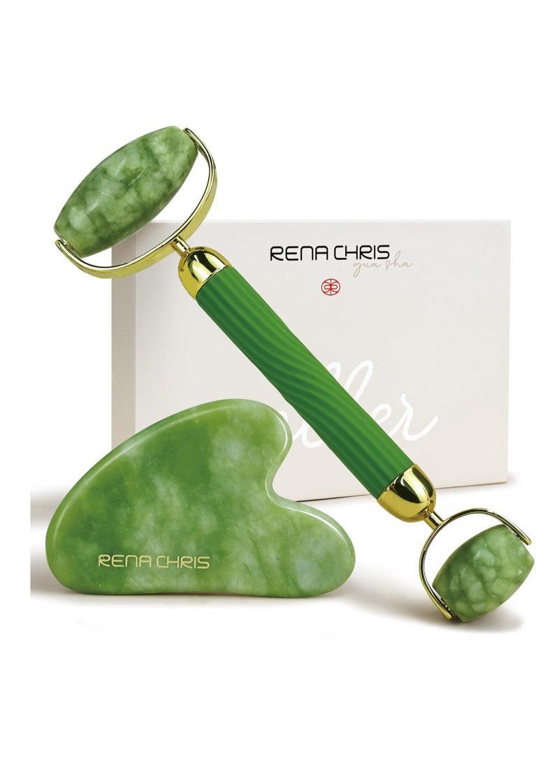 Rena Chris Face Roller & Gua Sha Set, Natural Jade Massage Tools for Jawline Sculpting and Puffiness Reducing, Beauty & Skincare