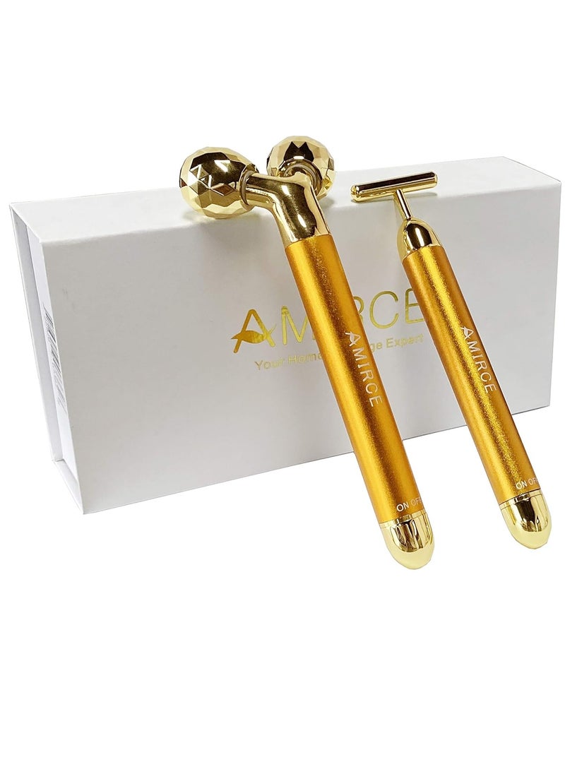 Amirce Face Massager Roller Golden 3D Roller Electric Facial Roller and T Shape Facial Roller Massager Kit Face Roller