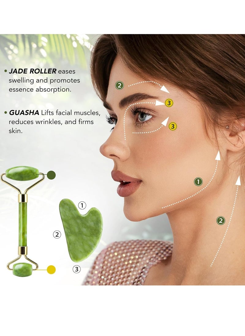 huefull Genuine Jade Roller & Gua Sha Set for Face, Cooling & Firming Effect, Sculpting Tool for Jawline & Skin Care, Self-Care Gift for Women & Men