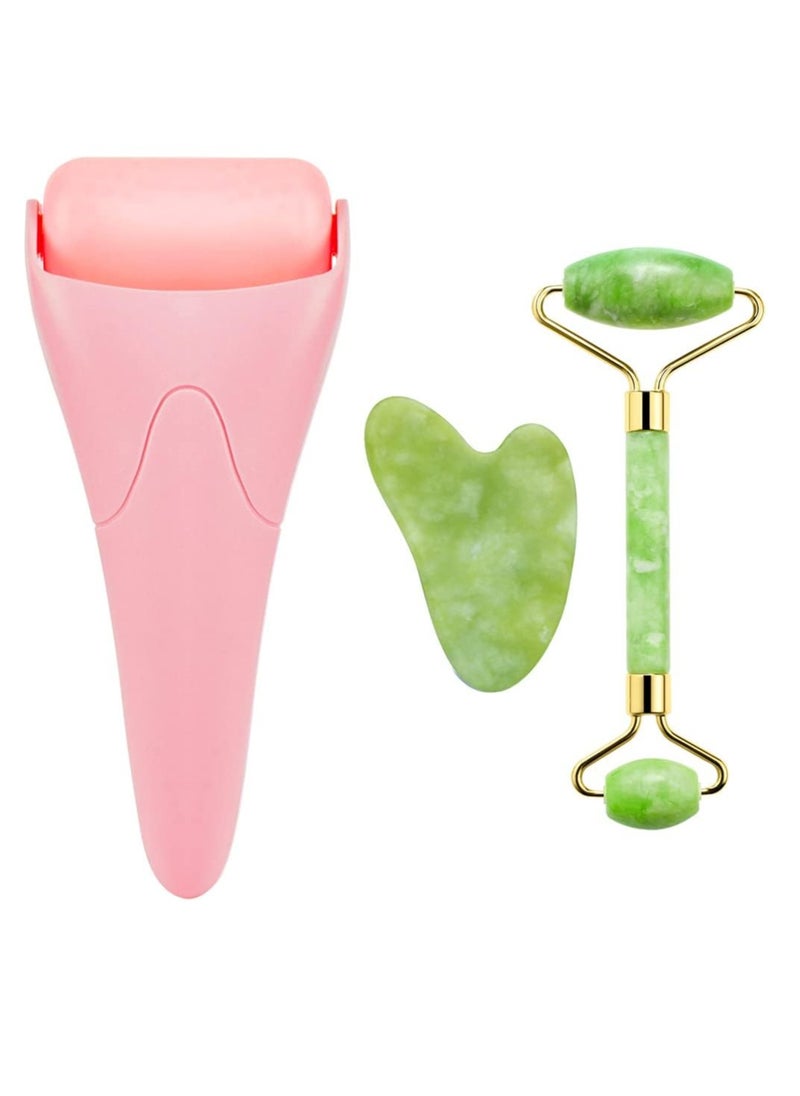 3-in-1 Natural Jade Roller and Gua Sha Set for Face and Eye Ice Roller Facial Cooling Massage Roller