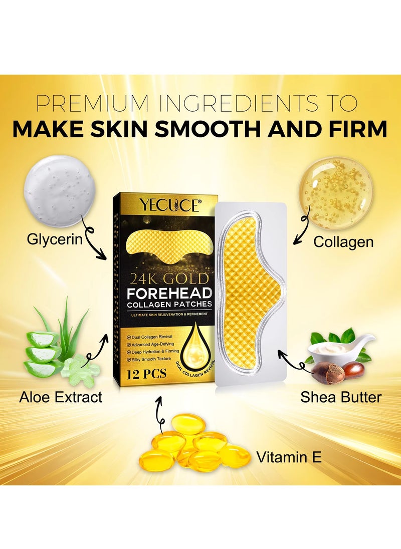 12Pcs 24K Gold Forehead Collagen Patches Forehead Wrinkle Patches with Aloe Vera Collagen Shea Butter and Vitamin E Smooth Fine Line and Wrinkles Anti Wrinkle Forehead Wrinkle Treatment Patch