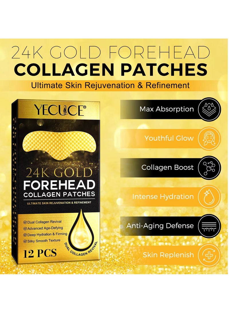 12Pcs 24K Gold Forehead Collagen Patches Forehead Wrinkle Patches with Aloe Vera Collagen Shea Butter and Vitamin E Smooth Fine Line and Wrinkles Anti Wrinkle Forehead Wrinkle Treatment Patch