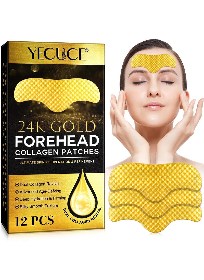 12Pcs 24K Gold Forehead Collagen Patches Forehead Wrinkle Patches with Aloe Vera Collagen Shea Butter and Vitamin E Smooth Fine Line and Wrinkles Anti Wrinkle Forehead Wrinkle Treatment Patch