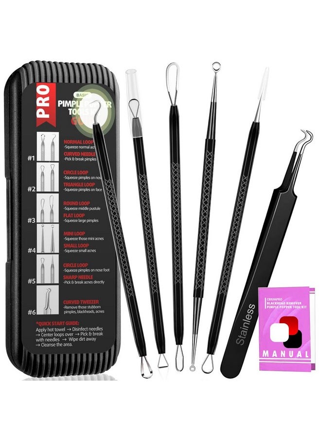 6-Pack Pimple Popper Tool Kit, Blackhead Remover Tools, Blackhead Extractor Tool, Pimple Extractor Tool, Zit Popper Tool For Acne, Whitehead, Comedone, Pimple, Zit On Nose - With Travel Case