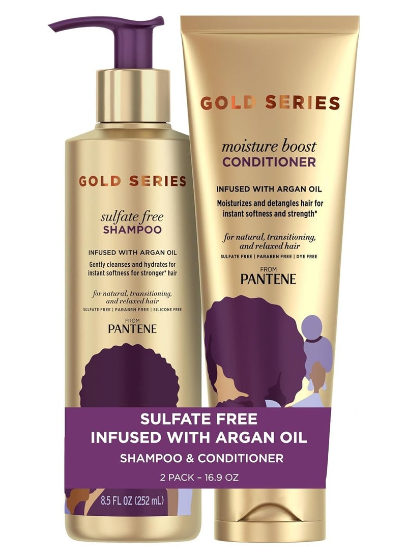 Pantene Shampoo and Sulfate Free Conditioner kit, with Argan Oil, Pro-V Gold Series, for Natural and Curly Textured Hair, 16.9 fl oz, Kit