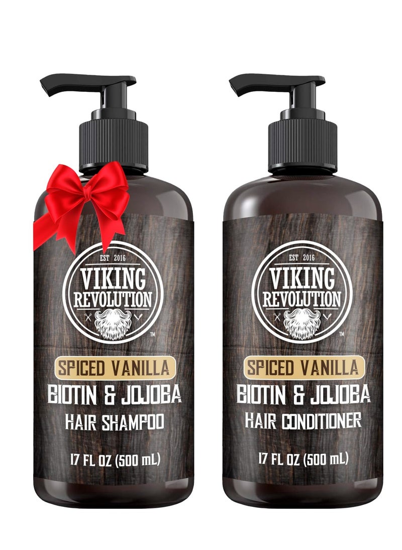 Viking Revolution Spiced Vanilla Mens Shampoo and Conditioner Set with Biotin and Jojoba Oil - Natural Hair Shampoo and Hair Conditioner for Men with Vitamin B5 - Mens Shampoo for Thinning Hair (17Oz)