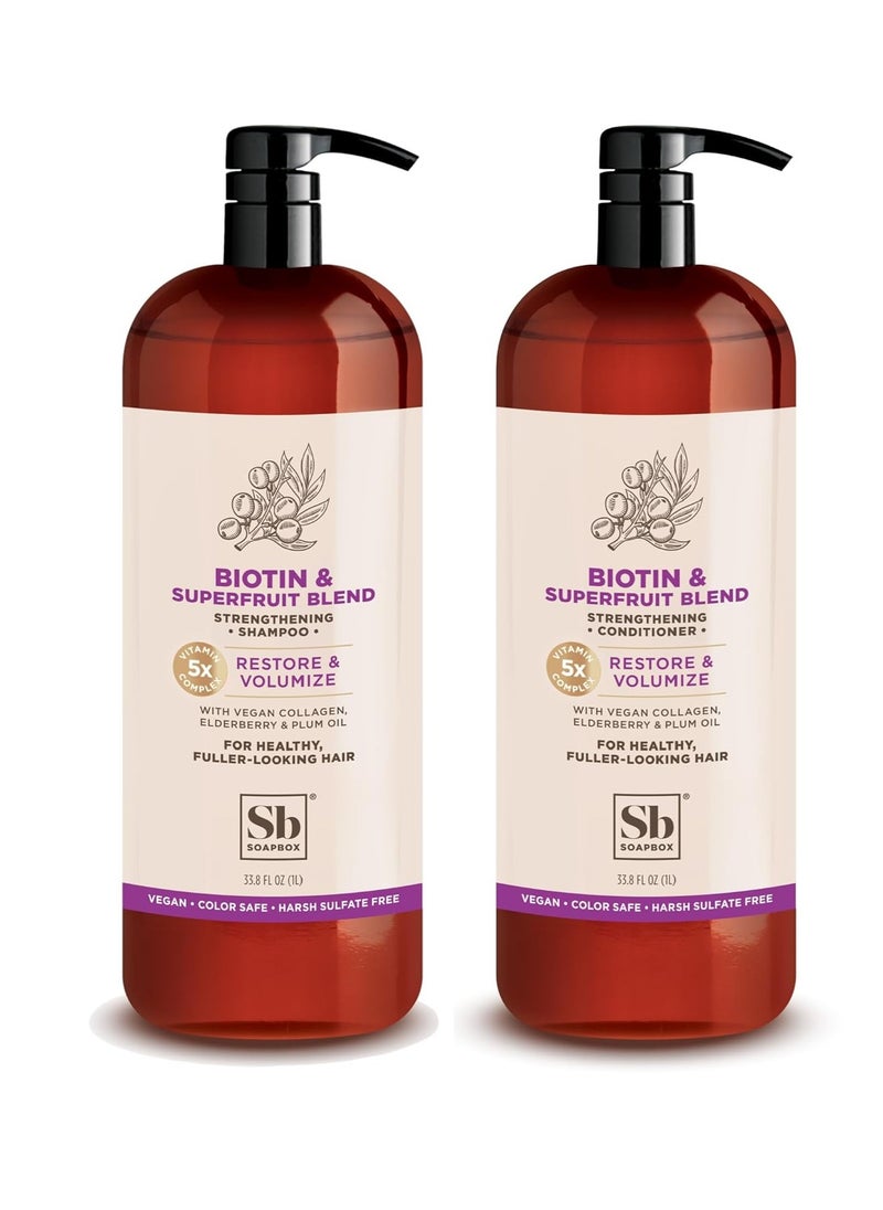 Soapbox Biotin & Superfruit Shampoo & Conditioner Set with Vegan Collagen, Aloe and Shea Butter, Sulfate Free, Paraben & Silicone Free, Color Safe and Vegan Hair Products, 1 Liter Each (Pack of 2)