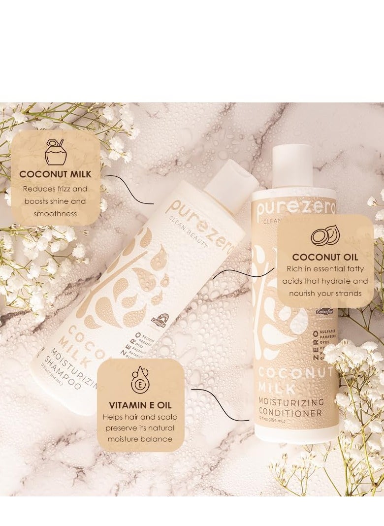 Purezero Coconut Milk Shampoo & Conditioner Set - 100% Vegan & Cruelty Free - Intense Hydration & Increase Shine - Zero Sulfates, Parabens, Dyes - Fight Dandruff & Frizz