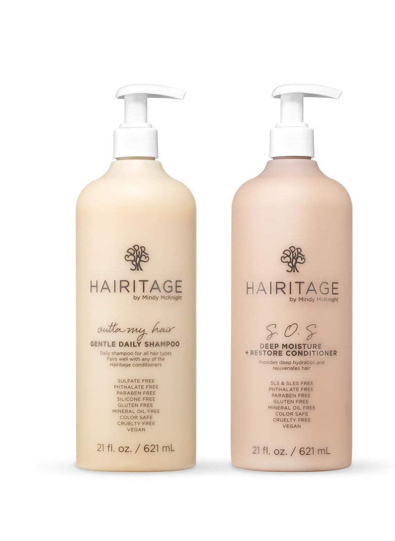 Hairitage Gentle Daily Moisture Shampoo and Conditioner Set - Split End + Bond Strengthening for Dry, Damaged Hair with Jojoba Oil - Anti-Frizz and Color Safe - Cherry + Amber Scent 21 fl oz (2 pack)