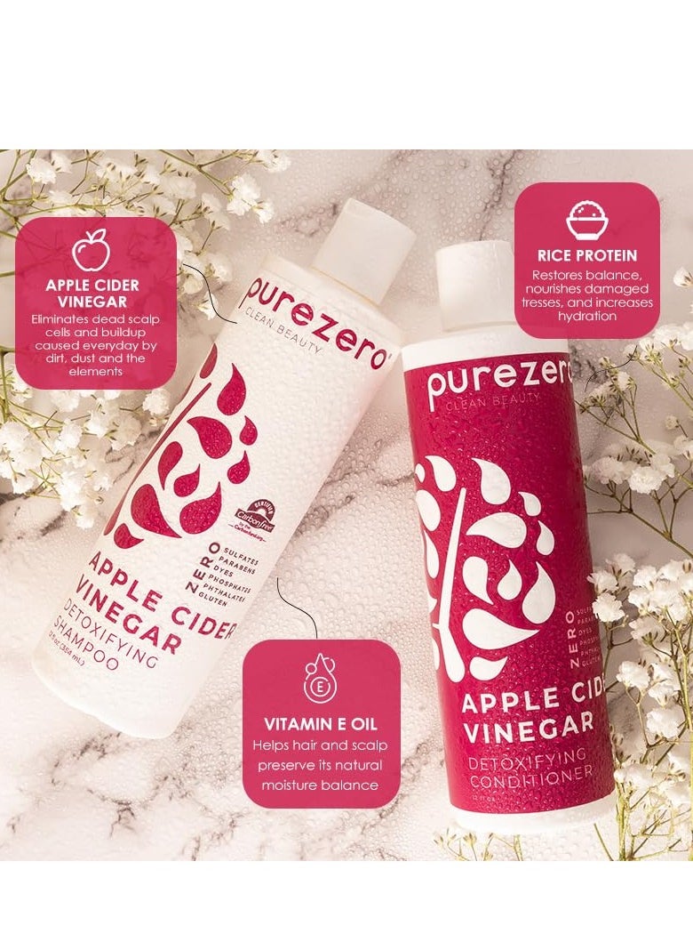 Purezero Apple Cider Vinegar Shampoo & Conditioner Set - Detox Scalp & Hair - pH balanced -Increase Hydration - Zero Sulfates, Parabens, Dyes - 100% Vegan & Cruelty Free - Great For Color Treated Hair