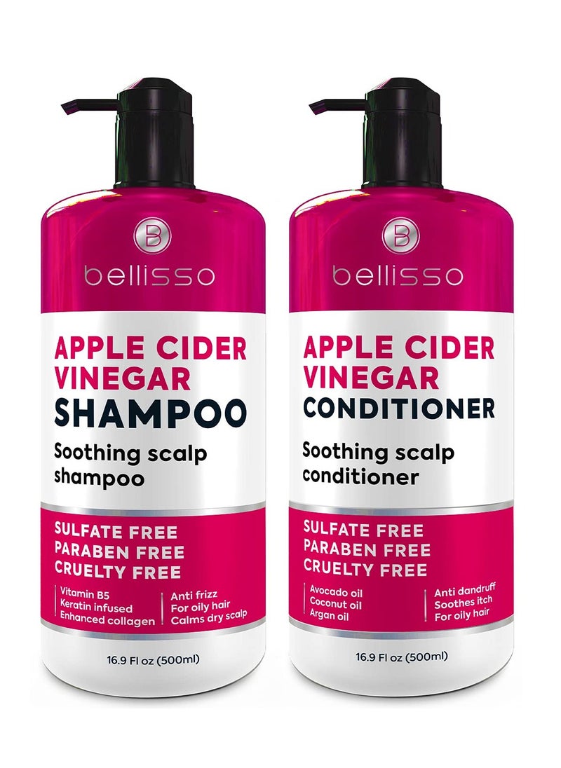 Apple Cider Vinegar Shampoo and Conditioner Set - Stop Flaky and Itchy Scalp – Sulfate Paraben Free Anti Dandruff Soothing Treatment for Dry, Oily and Damaged Hair - Intense Care for Women and Men